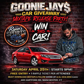 The Real Goonie Jay car giveaway event flyer for Calculated Risk release party at Ryan’s Sports Bar in Manchester CT on April 25