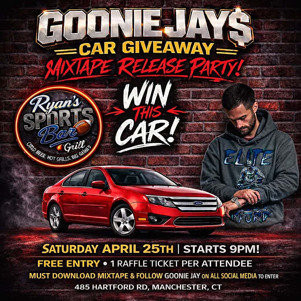 The Real Goonie Jay car giveaway event flyer for Calculated Risk release party at Ryan’s Sports Bar in Manchester CT on April 25