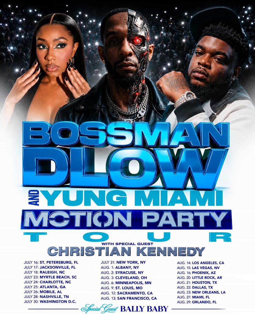 Official BossMan Dlow and Yung Miami Mction Party Tour flyer featuring Bridgeport artist Christian Kennedy as a special guest.