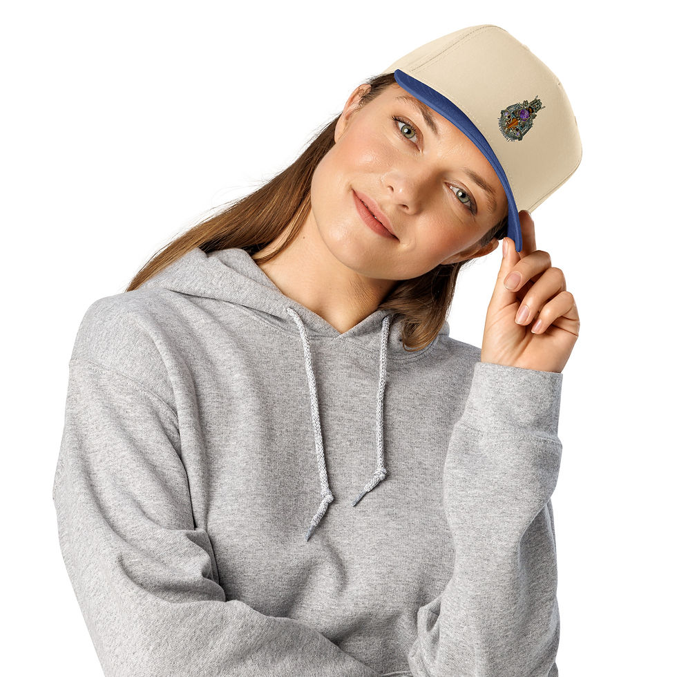 Thumbnail: model head tilt wearing, Orbatos wire wrapped pendant by Max Mosley printed on 5 panel cap
