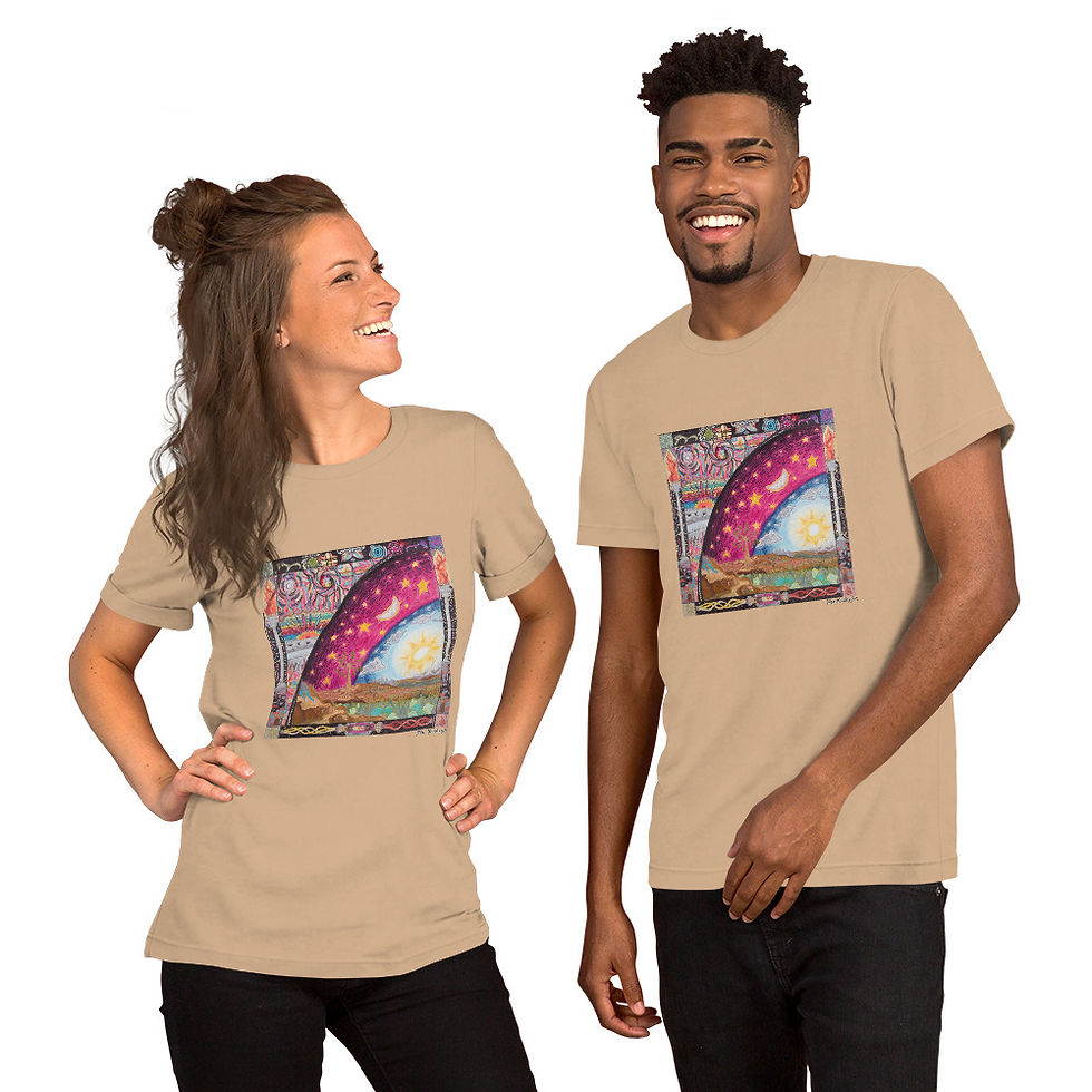Thumbnail: models wearing Flammarion Engraving Psychedelic Recreation by Max Mosley on unisex t-shirt