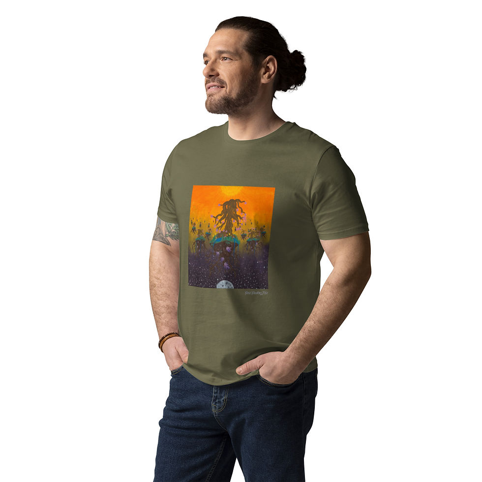 Thumbnail: model standing sideways wearing space oasis/ Cosmic Tree of Life by Max Mosley t-shirt