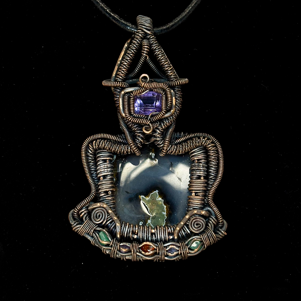 eve avel, handmade wire wrap, oxidized copper, amethyst, agate, accessory gemstones, intricate,   