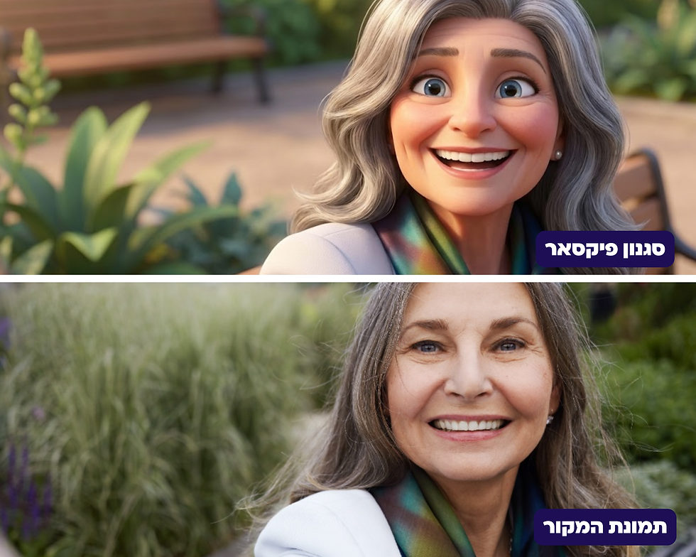 Top: Animated woman smiling, gray hair, colorful scarf, garden with bench, text in Hebrew. Bottom: Real woman mirroring pose, greenery.