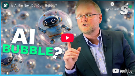 Financial advisor pointing at AI robot inside a bubble with question mark, discussing whether AI stocks are in a bubble like the dot-com era