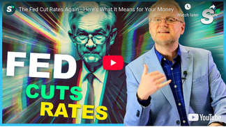 Financial advisor in blue blazer gesturing next to image of Federal Reserve Chair Jerome Powell with bold text reading Fed Cuts Rates