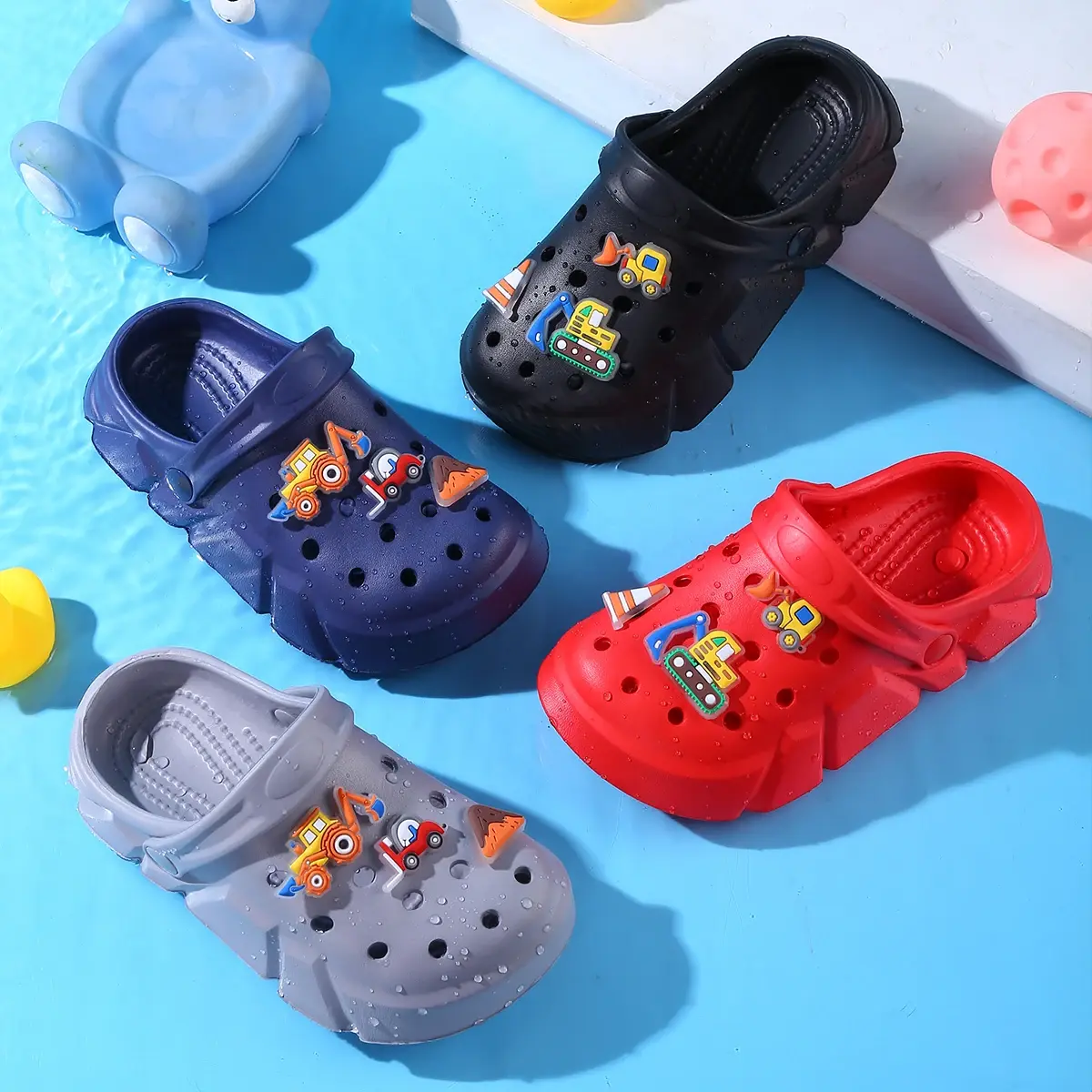 Breathable Clogs,With Cartoon Excavator Charms for Boys