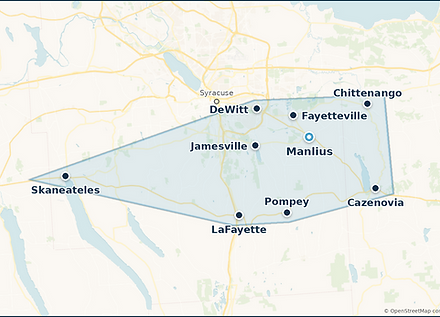Map of the Pool Authority of CNY service area around Manlius, Fayetteville and Cazenovia NY
