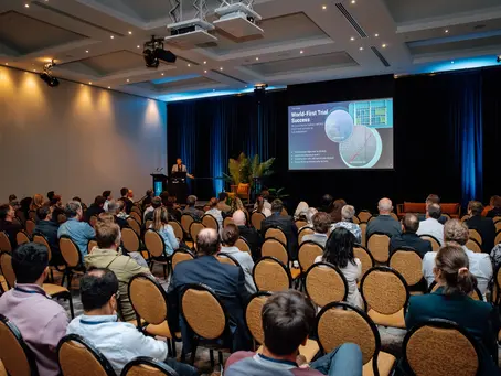 Hydro Synergy Ltd. Project Director Alisdair Gribben presenting ultrasonic algae control technology at Aquaculture New Zealand Conference 2025 in Nelson.