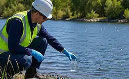 A man getting a water sample on a lake and reservoir to test for water quality