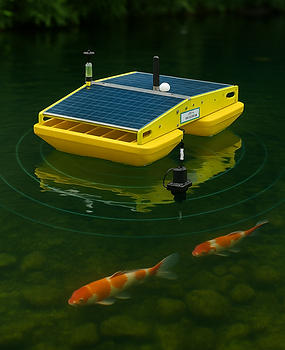 Solar-powered ultrasonic unit safely operating in koi pond emitting resonance waves to control algae without harming aquatic life