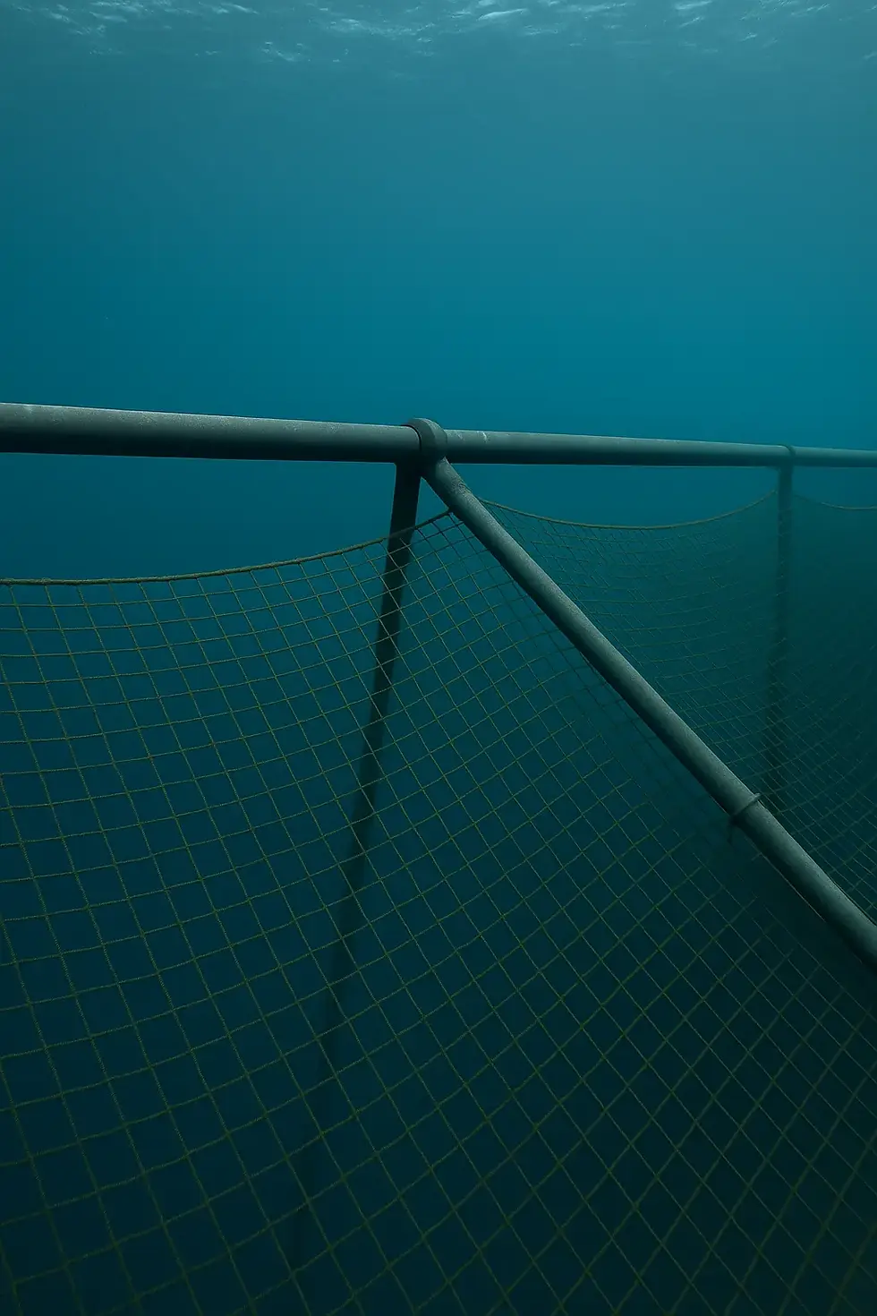Structural elements of an aquaculture cage showing open netting and surrounding water before fouling pressure escalates