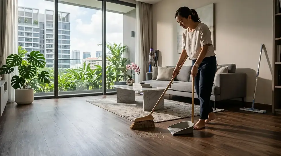 Sweeping dust and debris off a clean wood vinyl floor in a Singapore apartment to prevent scratches