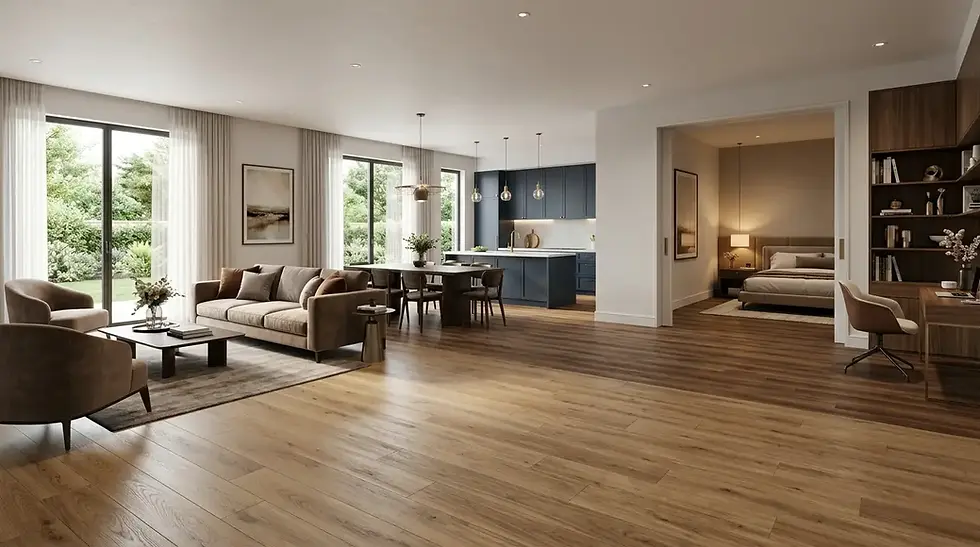 An open-concept Singapore apartment layout featuring wood vinyl flooring seamlessly connecting the living room and kitchen