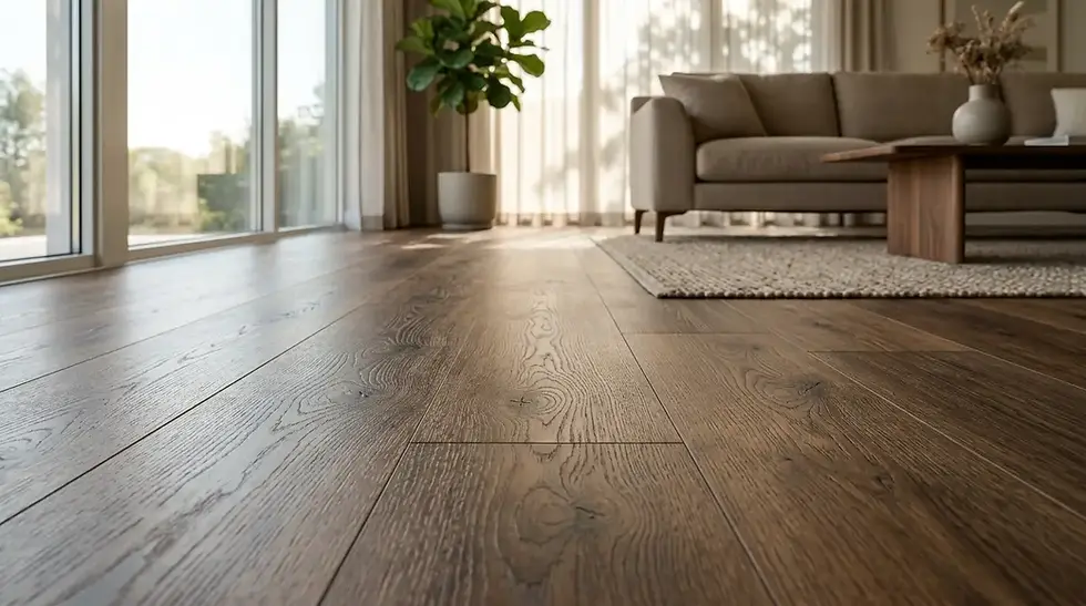 Close-up of synthetic wood vinyl flooring planks mimicking a natural oak hardwood grain