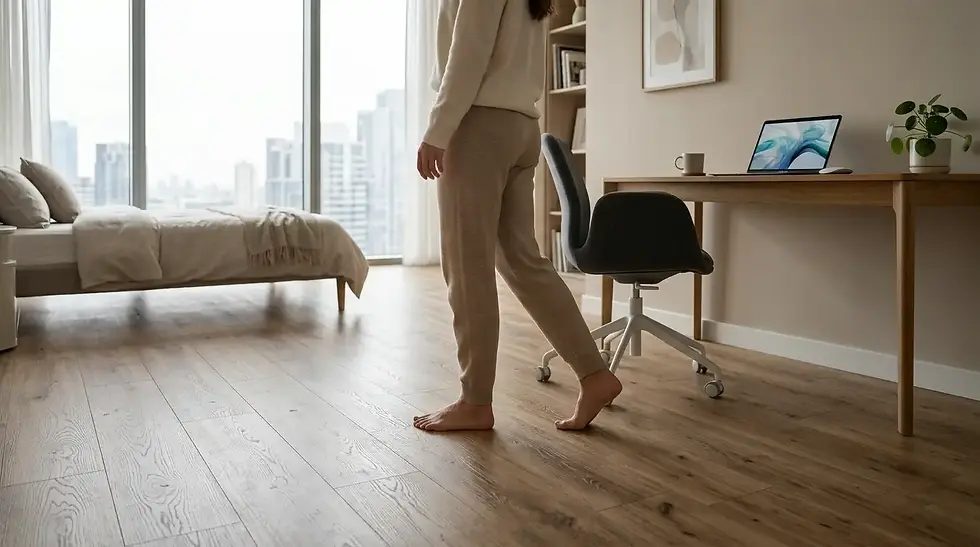 Realistic wood-look luxury vinyl tile flooring in a modern bedroom interior