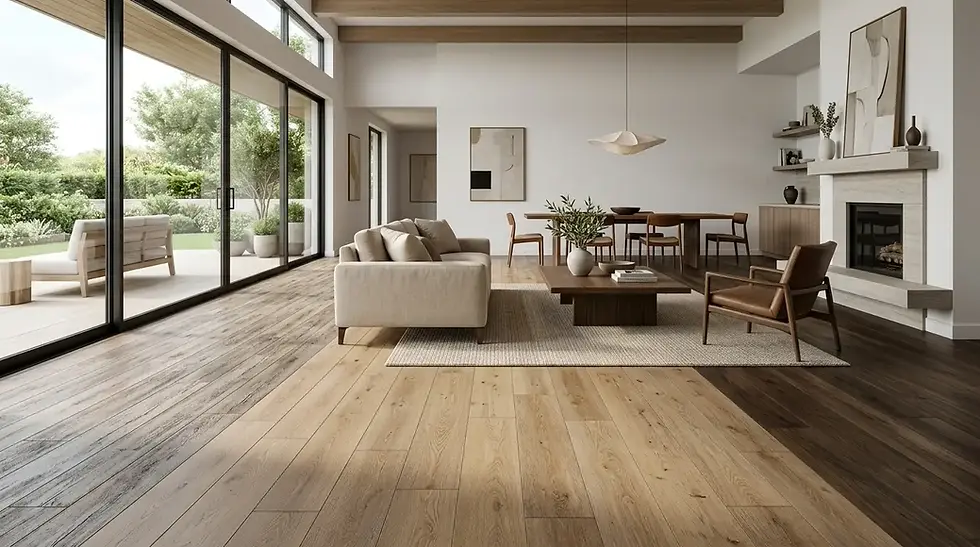 A display of modern wood vinyl flooring finishes ranging from light oak to dark rustic textures