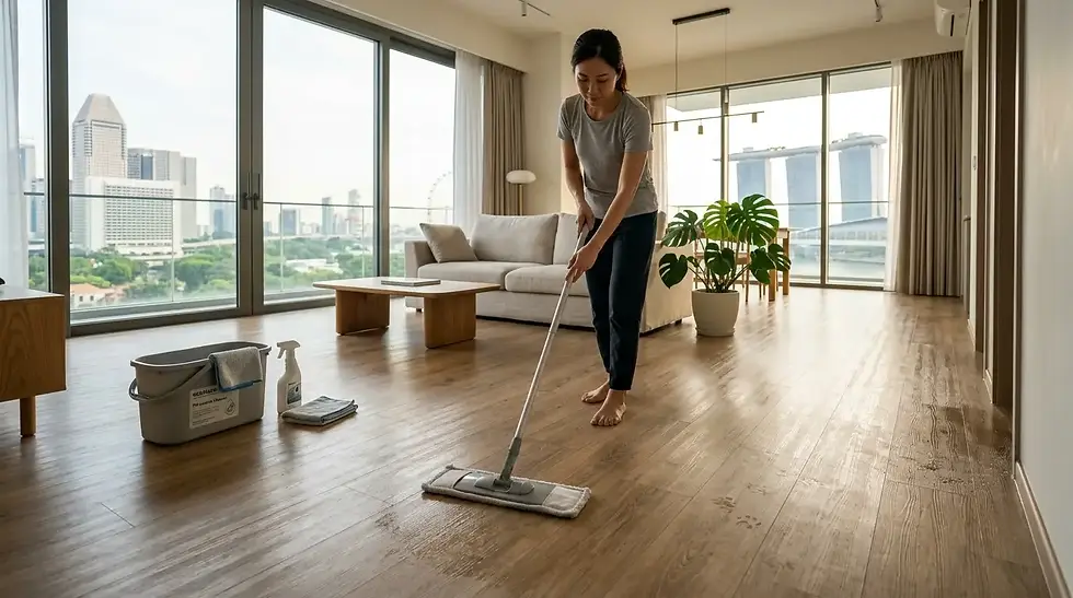 Deep cleaning luxury vinyl flooring in a Singapore home using a lightly damp microfiber mop