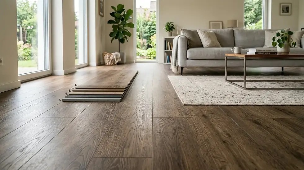 Modern Singapore home renovation featuring realistic wood vinyl flooring installed throughout the living area