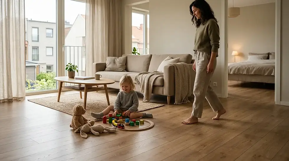 Soft and cushioned WPC vinyl flooring in a cozy family room where children can play comfortably