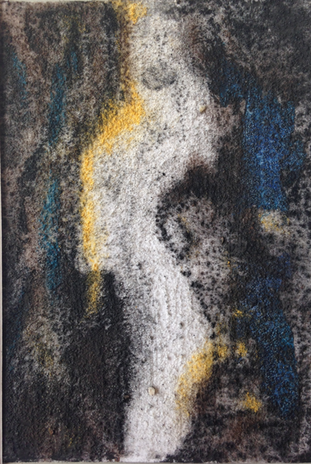 An original drawing on shell sand and paper inspired by the space between two trees by Nancy Hoopman
