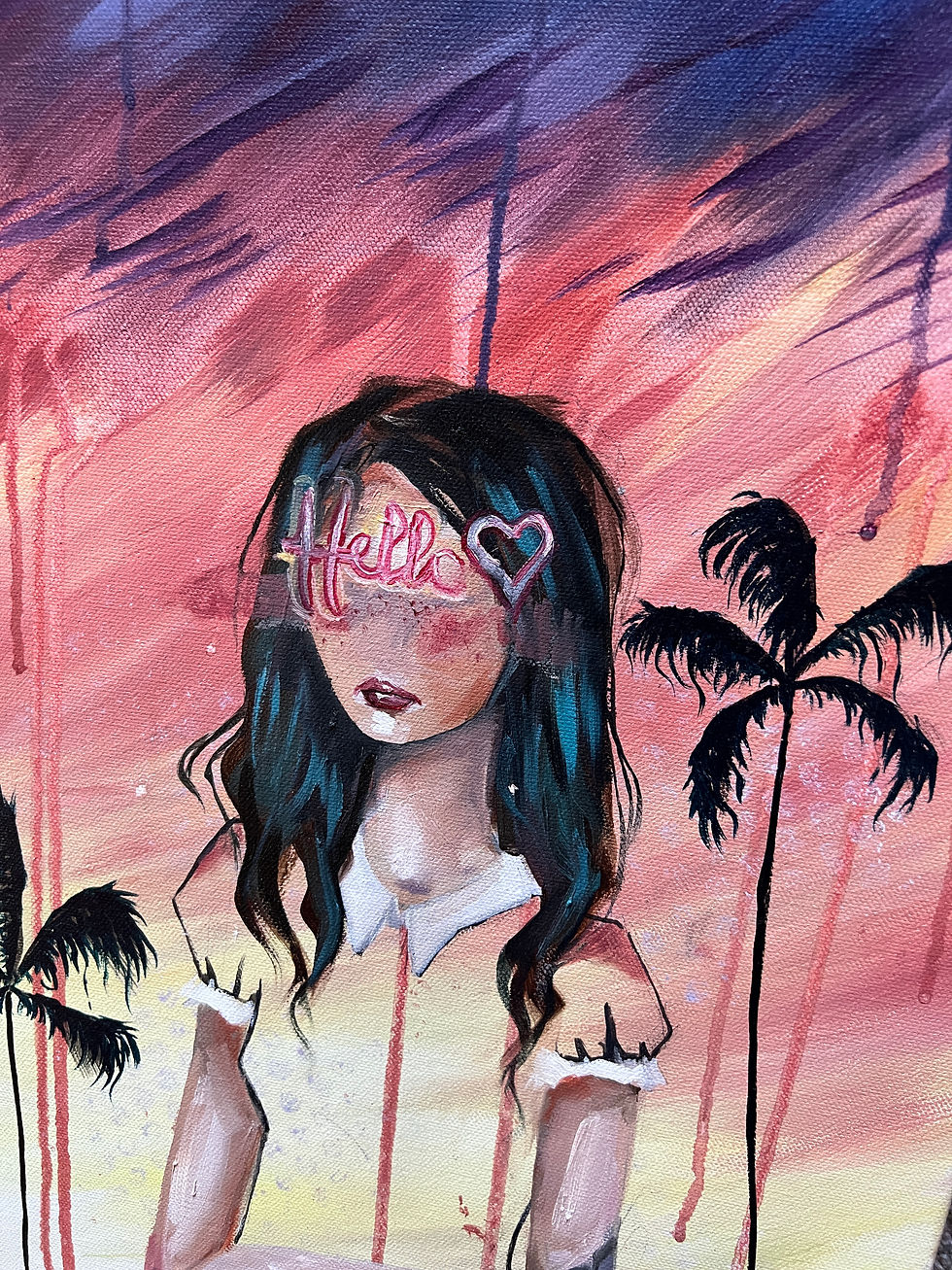 Thumbnail: Original "Dreamer" painting of girl with "hello" band over eyes