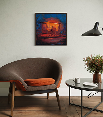 modern style bohemian room with original oil painting  of a gas station glowing red at night by the street. 