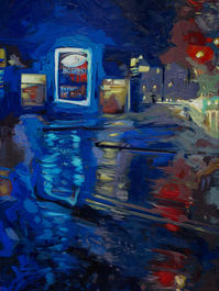 Rainy Day Gas station at night on canvas with oil painting for sale. 