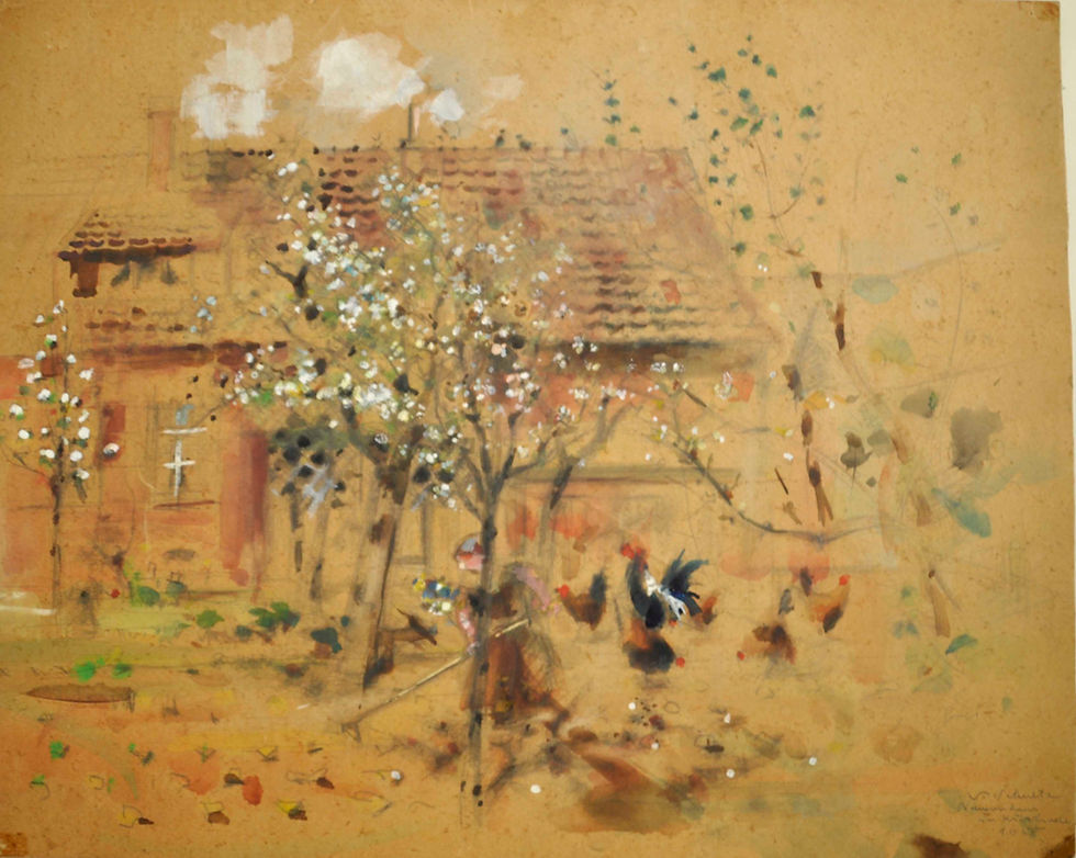 Haus mit blühendem Baum