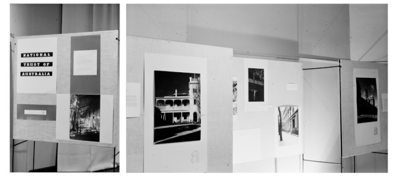 Photographs from an exhibition of ‘Melbourne’s twelve best historic buildings’ by Mark Strizic, held at the National Gallery of Victoria, August 1958. Left: Exhibition panel with a photograph of ‘A cottage near Eltham’ (State Library of Victoria, H2008.11/353). Right: Three exhibition panels with photographs of Toorak House, Victorian Lace Balcony, Melbourne Club, and Royal Exhibition Building (State Library of Victoria, H2008.11/355)