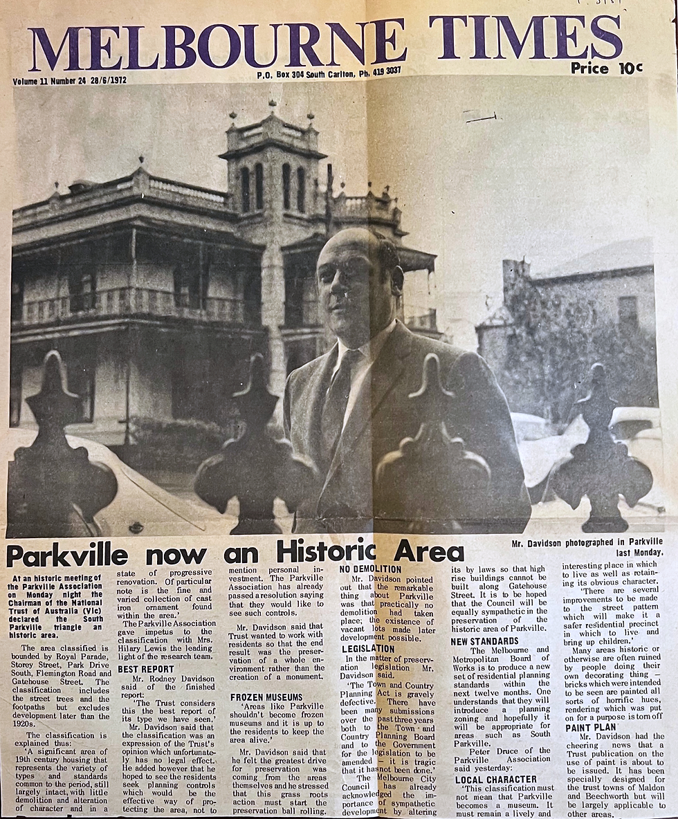 ‘Parkville now an historic area’, Melbourne Times, 28 June 1972.