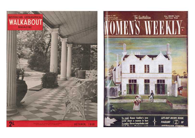 Popular postwar magazine covers presenting two Sydney historic buildings in conjunction with the National Trusts: photograph of St Malo from Walkabout and sketch of Lindesay from The Australian Women’s Weekly. Left: Walkabout: Australian Geographical Magazine, with a photograph by Heather George of St Malo, fronted by Burdekin House columns, October 1958. Right: The Australian Women’s Weekly, with a drawing by Cedric Flower of Lindesay, 6 November 1963.