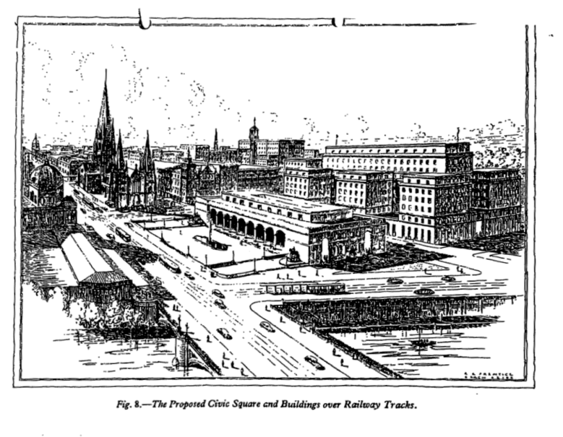 ‘The Proposed Civic Square’ at the current site of Federation Square. John Mannaduke Ashworth, ‘The Suburban Railway System of Melbourne’, Journal of the Institution of Engineers, September 1940.