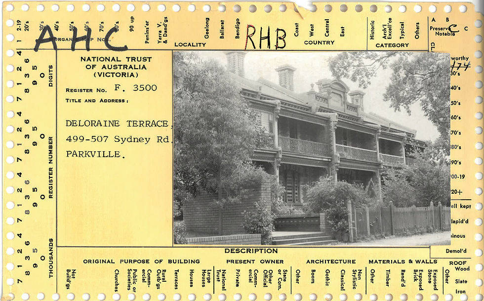 National Trust registration card, B3500 Deloraine Terrace, 1974. Courtesy of the Victorian National Trust.