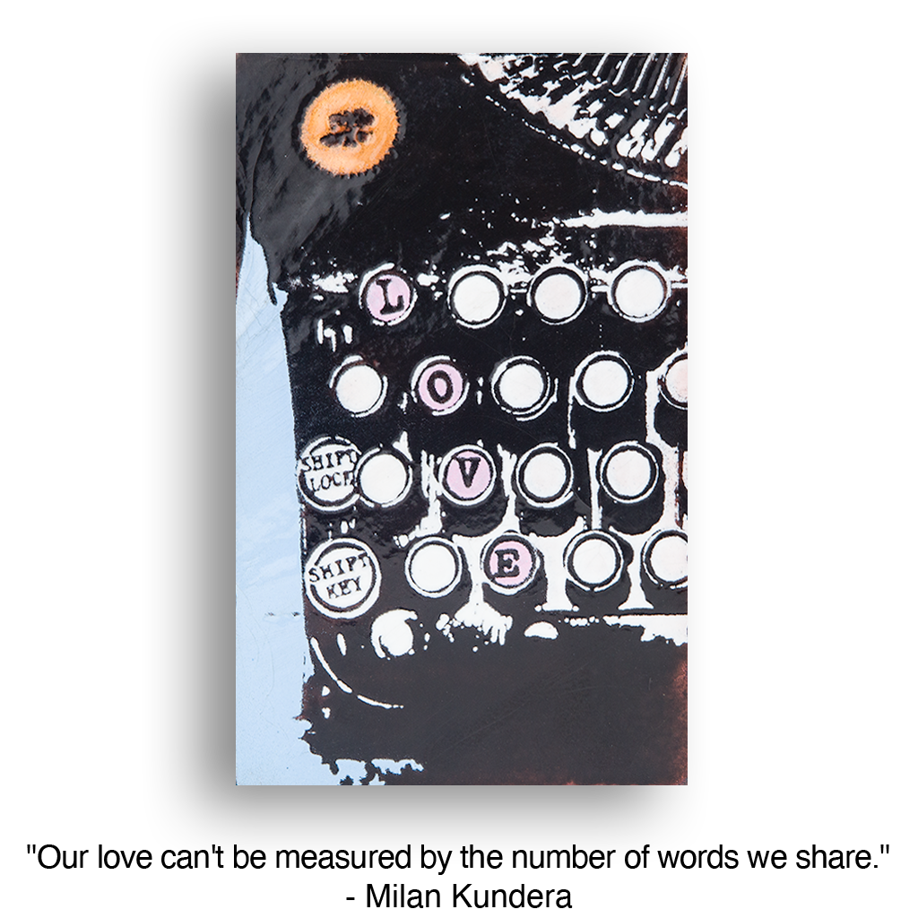 Typewriter Love keys with LOVE visible, mixed media artwork in a print.