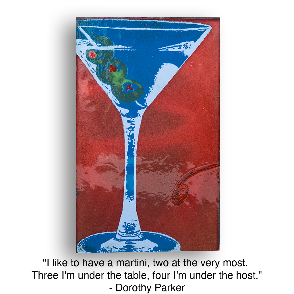 Blue martini glass with olives on a red background. 156 - High Maintenance cocktail