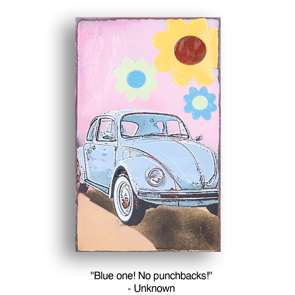 Vintage blue Volkswagen Beetle with flowers, 195 - Incomparable, on pink background.
