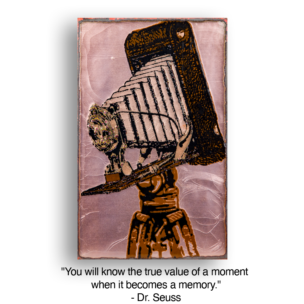 Vintage camera illustration, brown and white on pink background, mounted on tripod. 195 - Incomparable