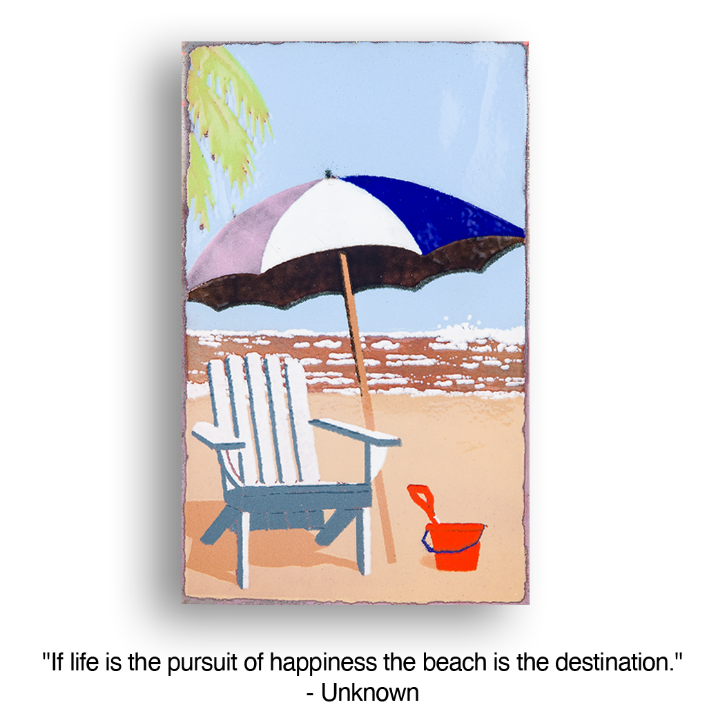 Beach scene with white chair, umbrella, and bucket, 096 - Sandbox on the shore.