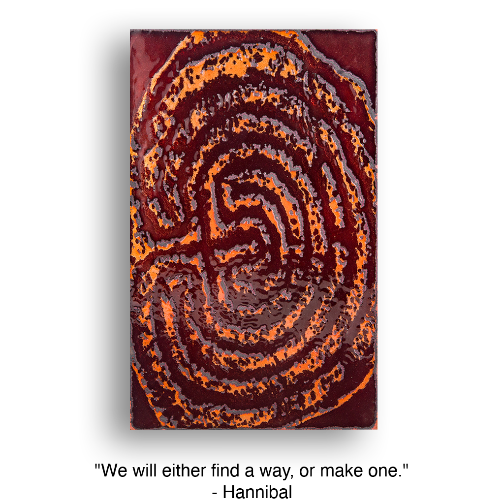Abstract art with a maze design, various shades of orange and brown.