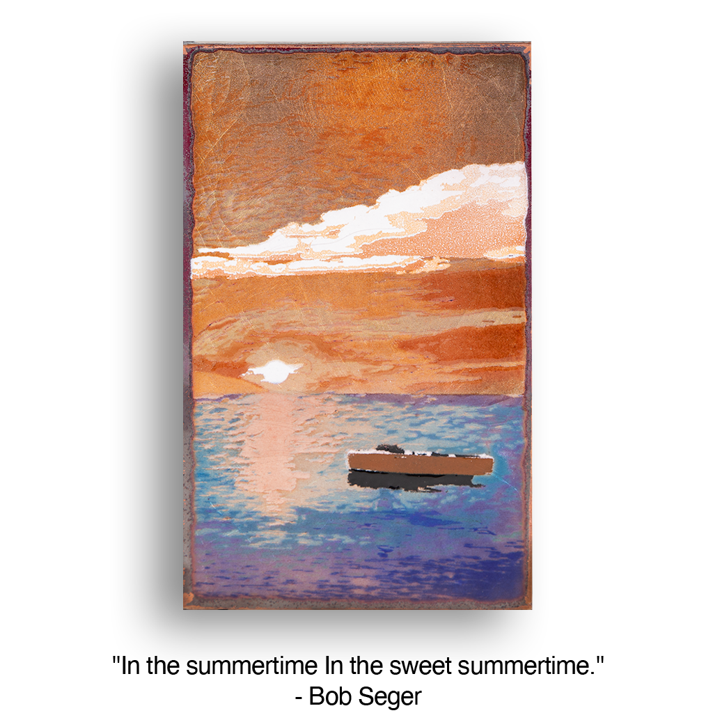 Painting of a boat on water under a colorful sunset 013V5: Tardis.