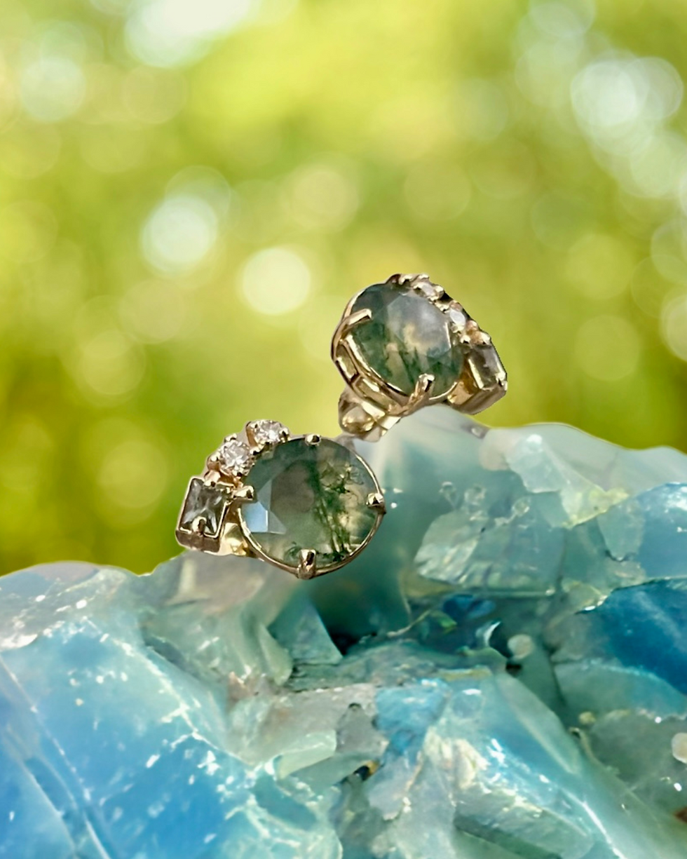 Thumbnail: Moss Agate, Sapphire & Diamond 14kt Post Earrings