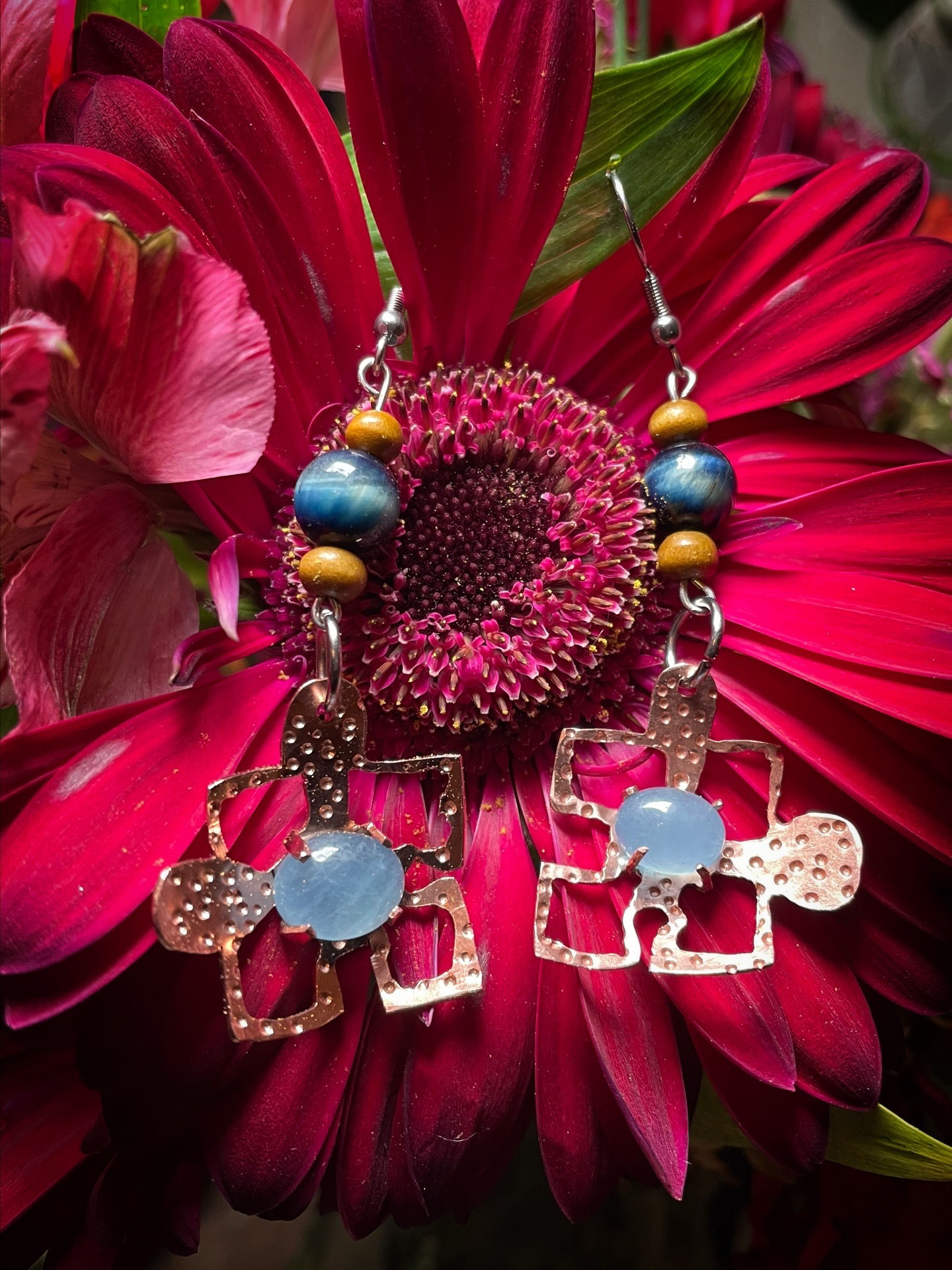 Blue Tigers Eye Bead, Aquamarine, Copper, Stainless Steel Ear Wire. 