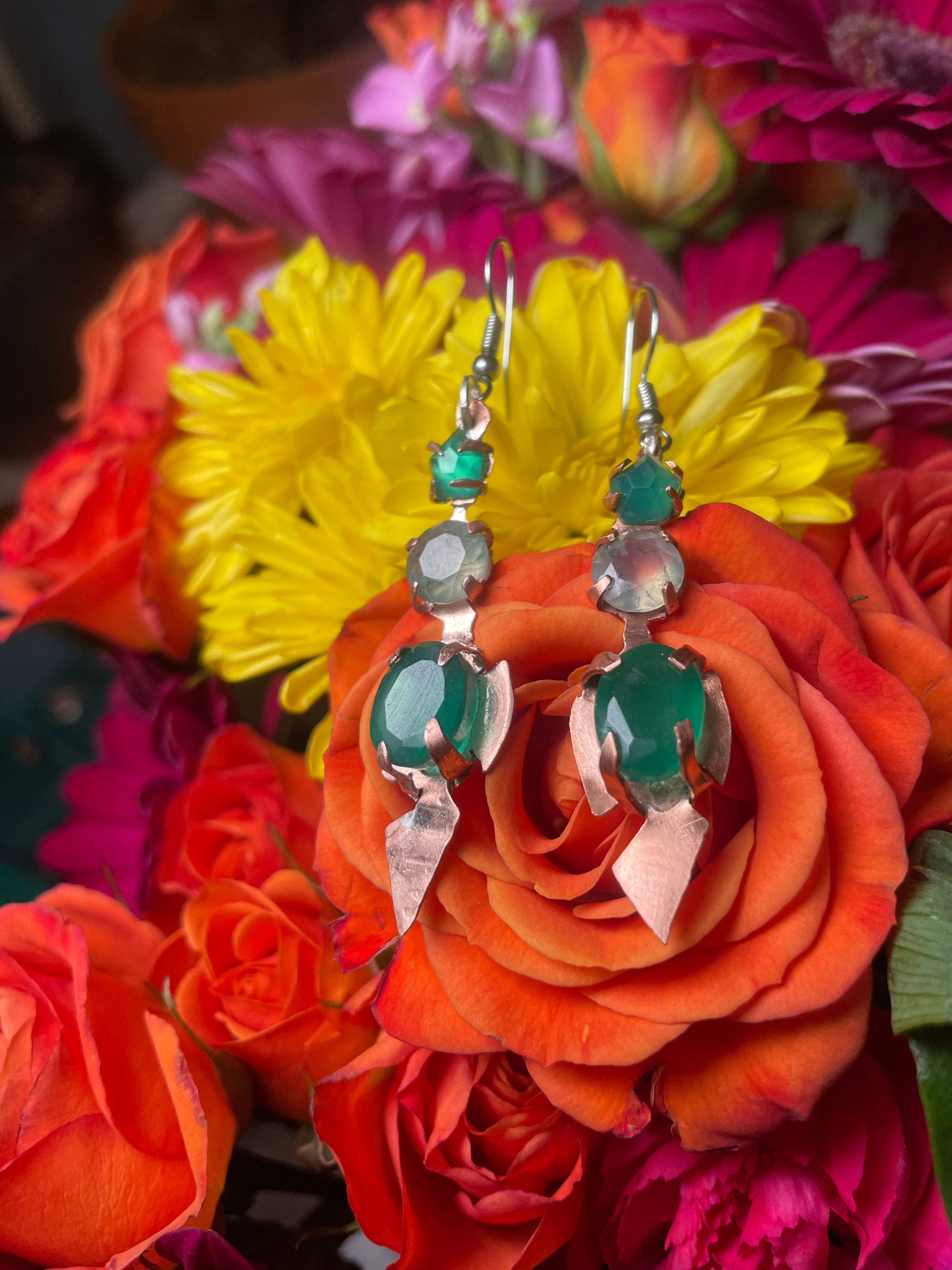 Green Onyx, Moss Agate, Copper with Sterling Silver Earring Findings