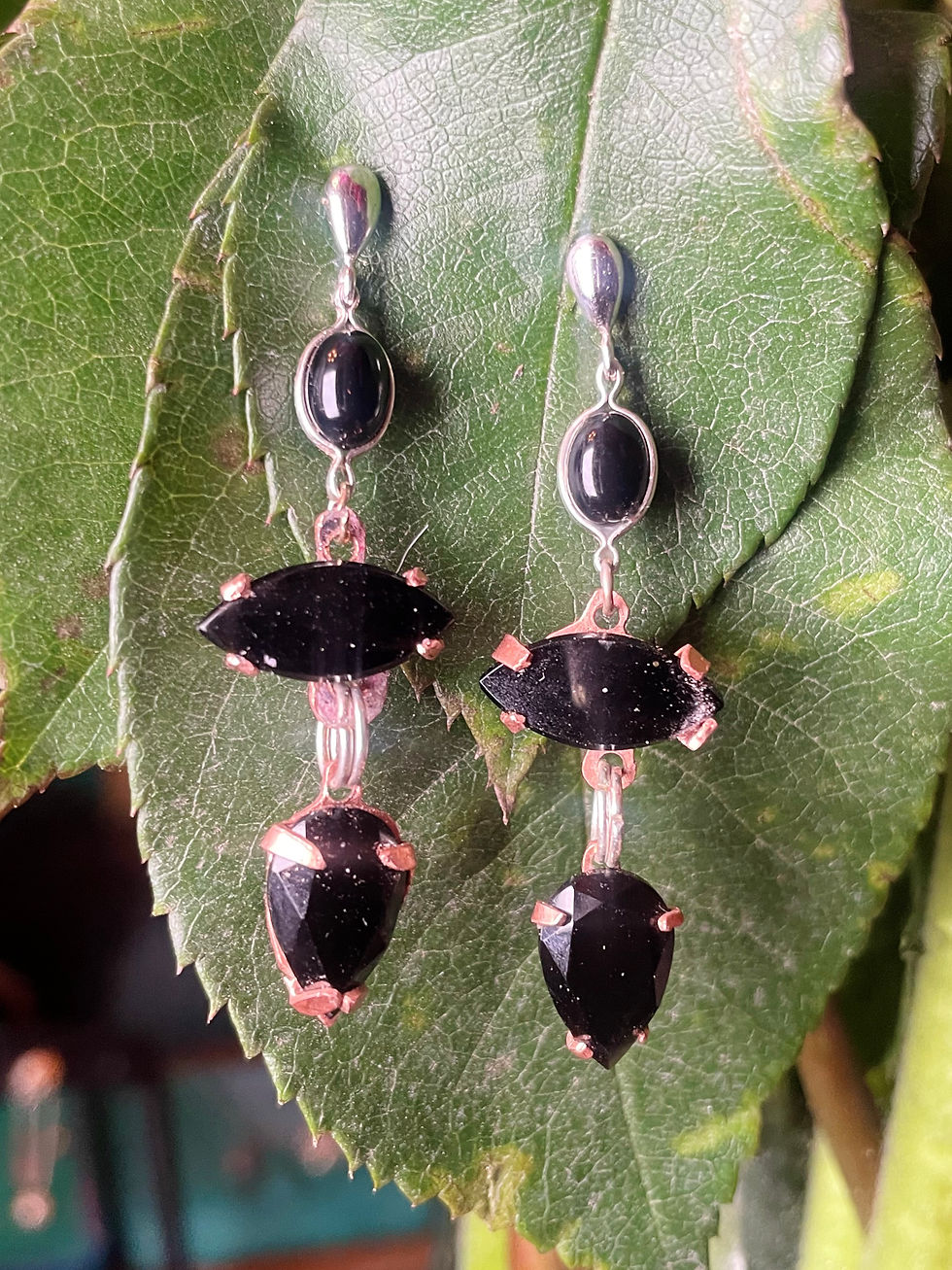 Thumbnail: Black Onyx, Sterling Silver Ear posts, copper accented, Dangle, Earrings