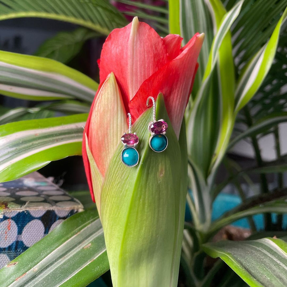 Thumbnail: Natural Rhodolite Garnet, Natural Turquoise, Sterling Silver, Earrings