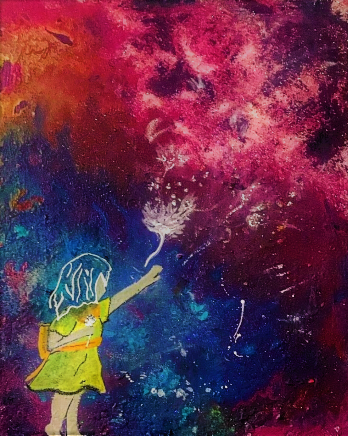 There is a little girl in a dress shown reaching for a dandelion which has blown away in the wind. The girl is shown in a Vibrant Magical abstract rainbow background with radiant multicolored lights.