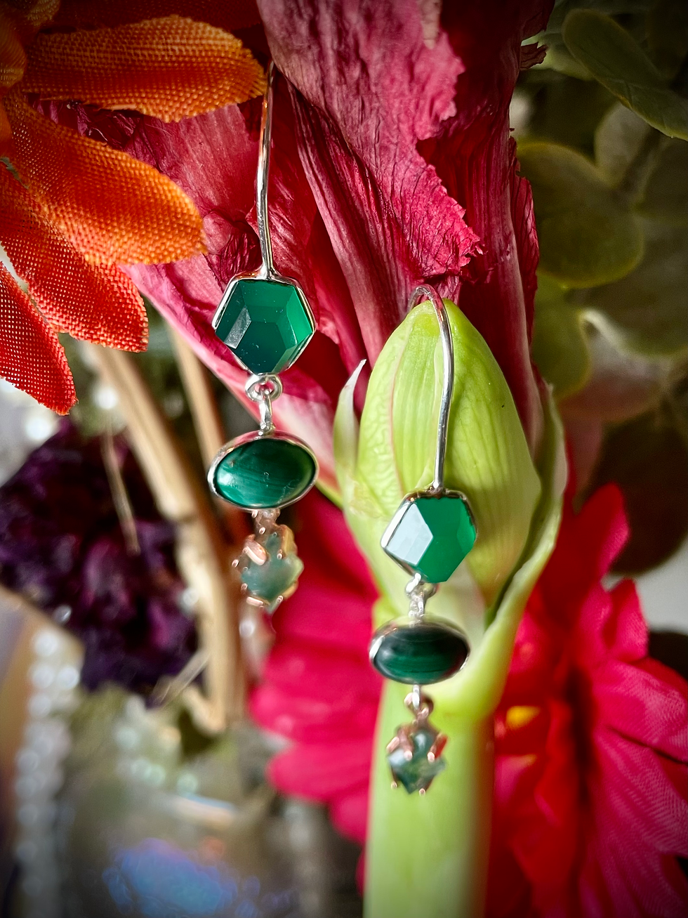 Thumbnail: Green Onyx, Malachite, Moss Agate, Sterling Silver & Copper,Dangle, Earrings