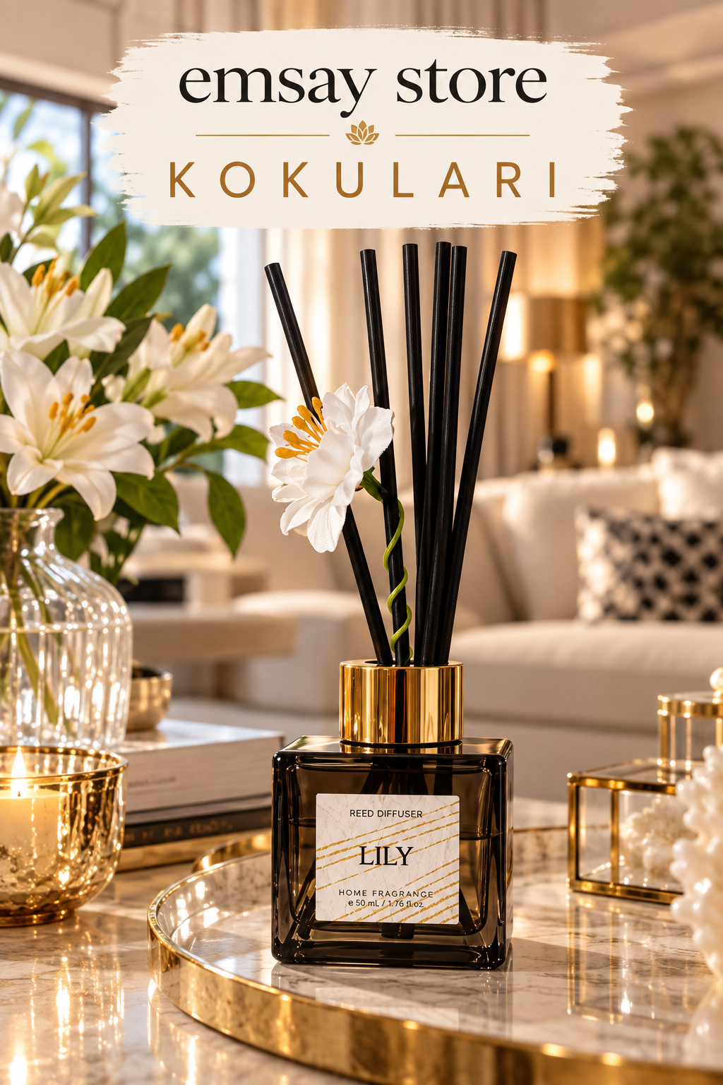 Çubuklu Oda Kokusu 50 ml – Lily, Siyah Cam Şişe