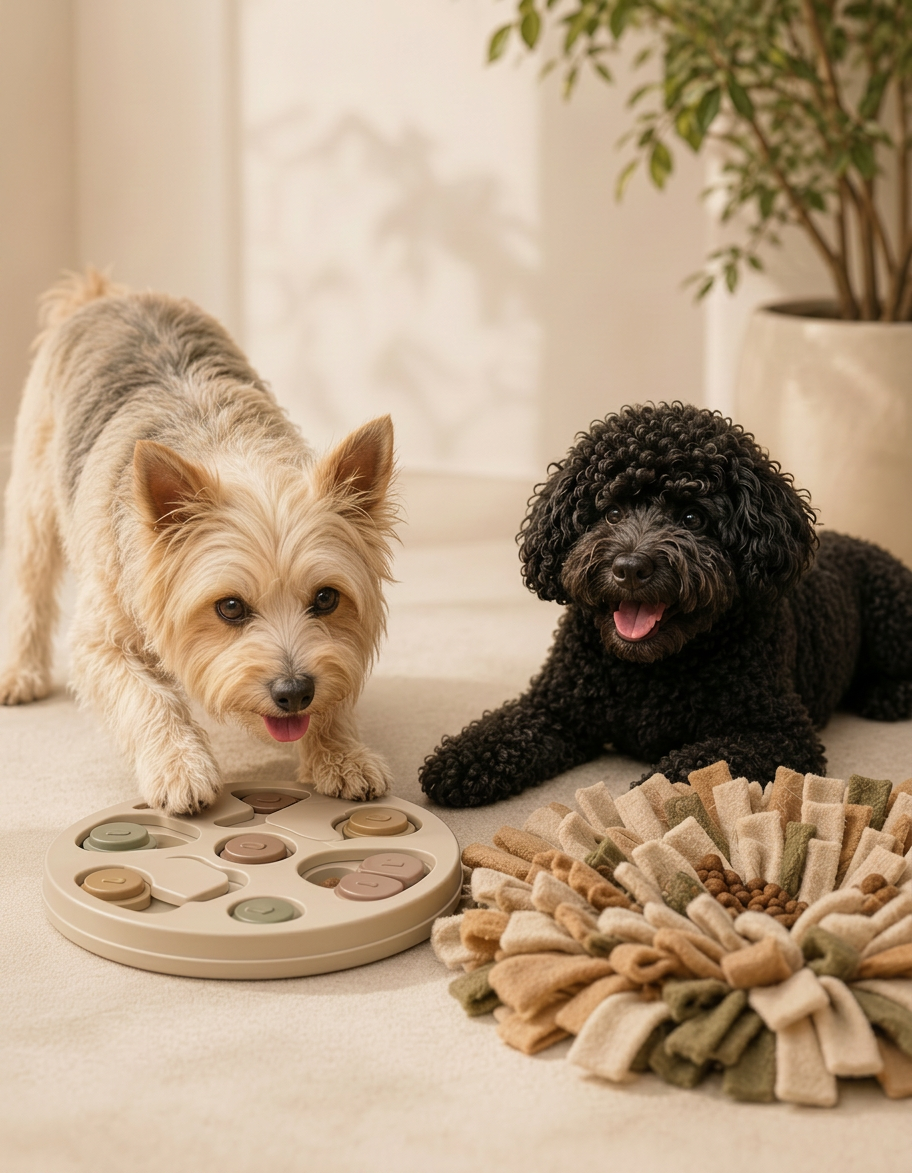 Beige terrier and black poodle with puzzle and snuffle toys for pet enrichment